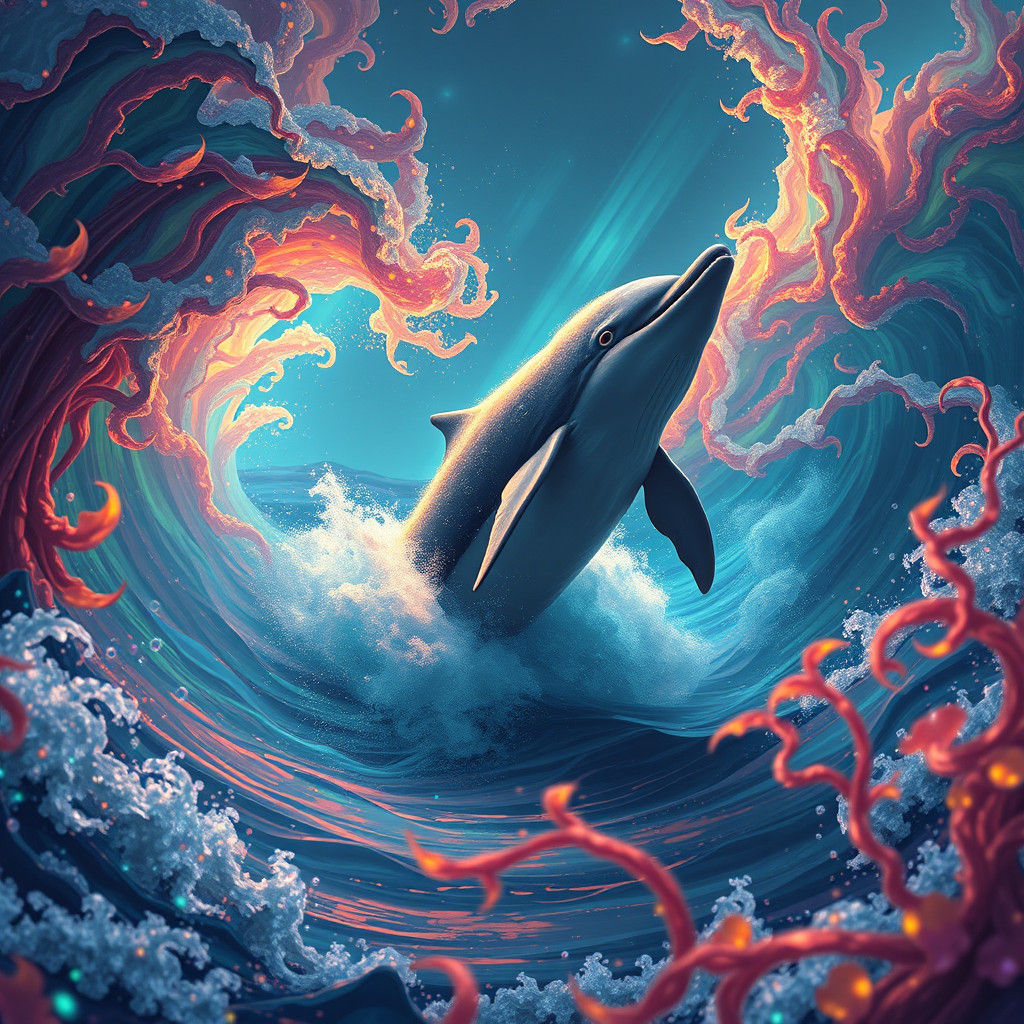 Majestic Dauphin Breaching in Bioluminescent Seaweed