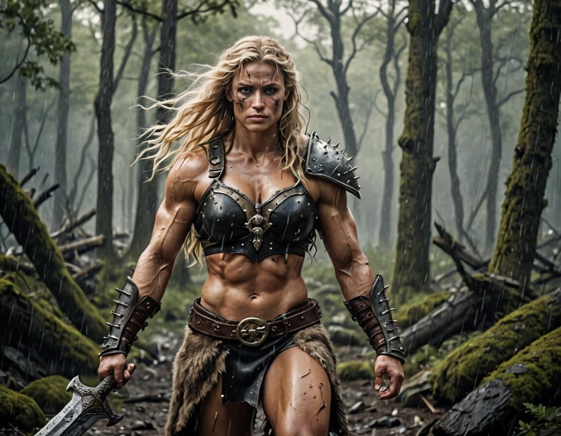 Female Barbarian Warrior in Enchanted Forest