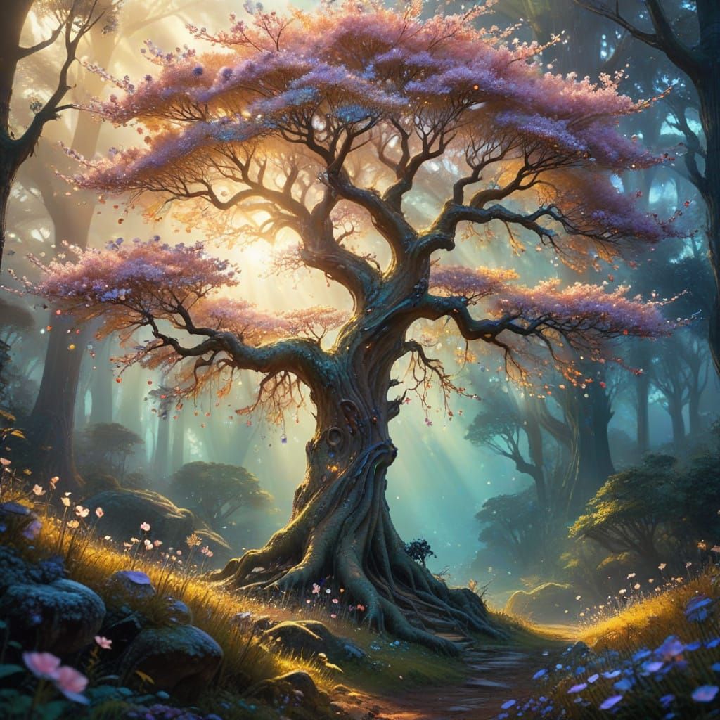 Enchanted Blossom Tree in Whimsical Fantasy Art