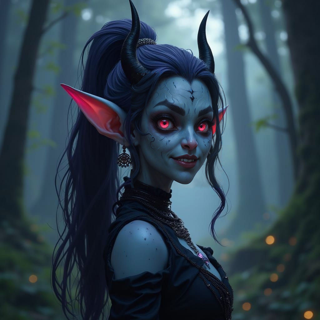 Ice Tiefling in Magical Forest, Fantasy Art