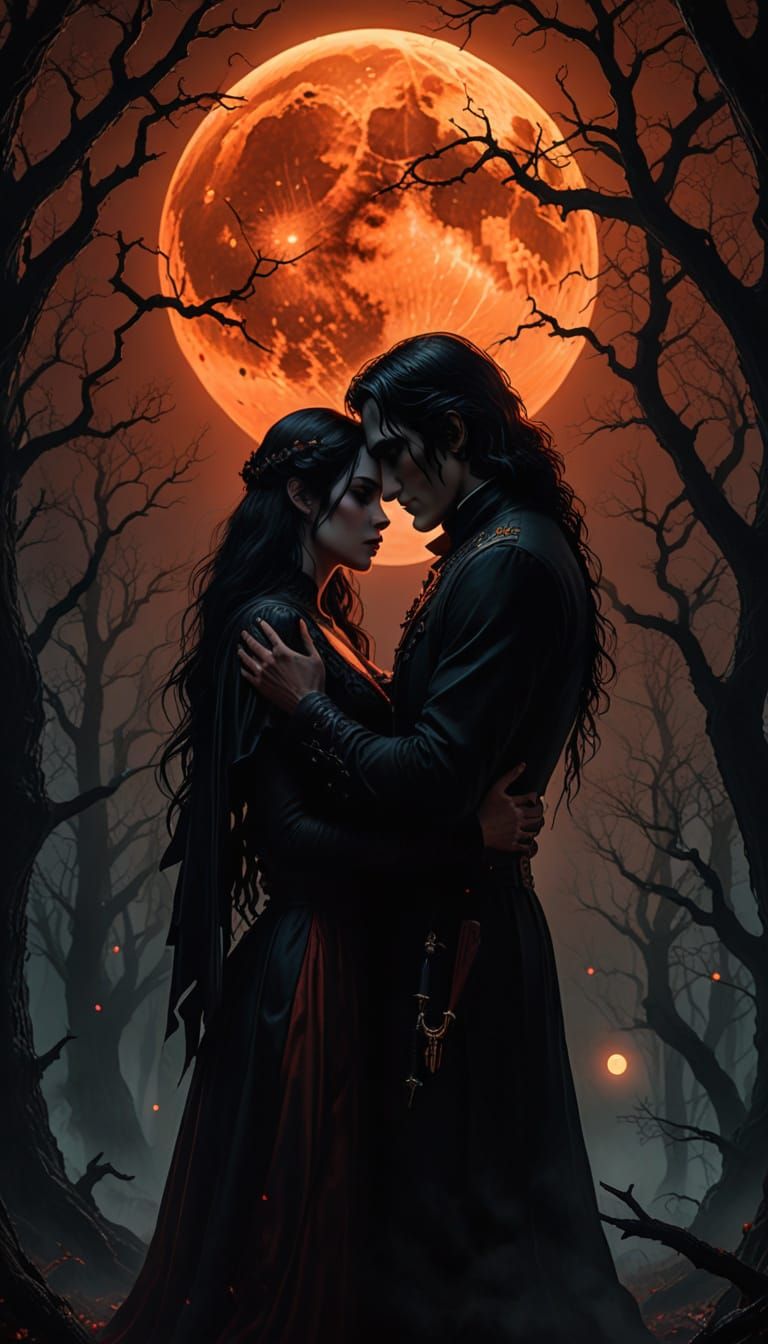 Ethereal Vampire Couple Under Blood Moonlight