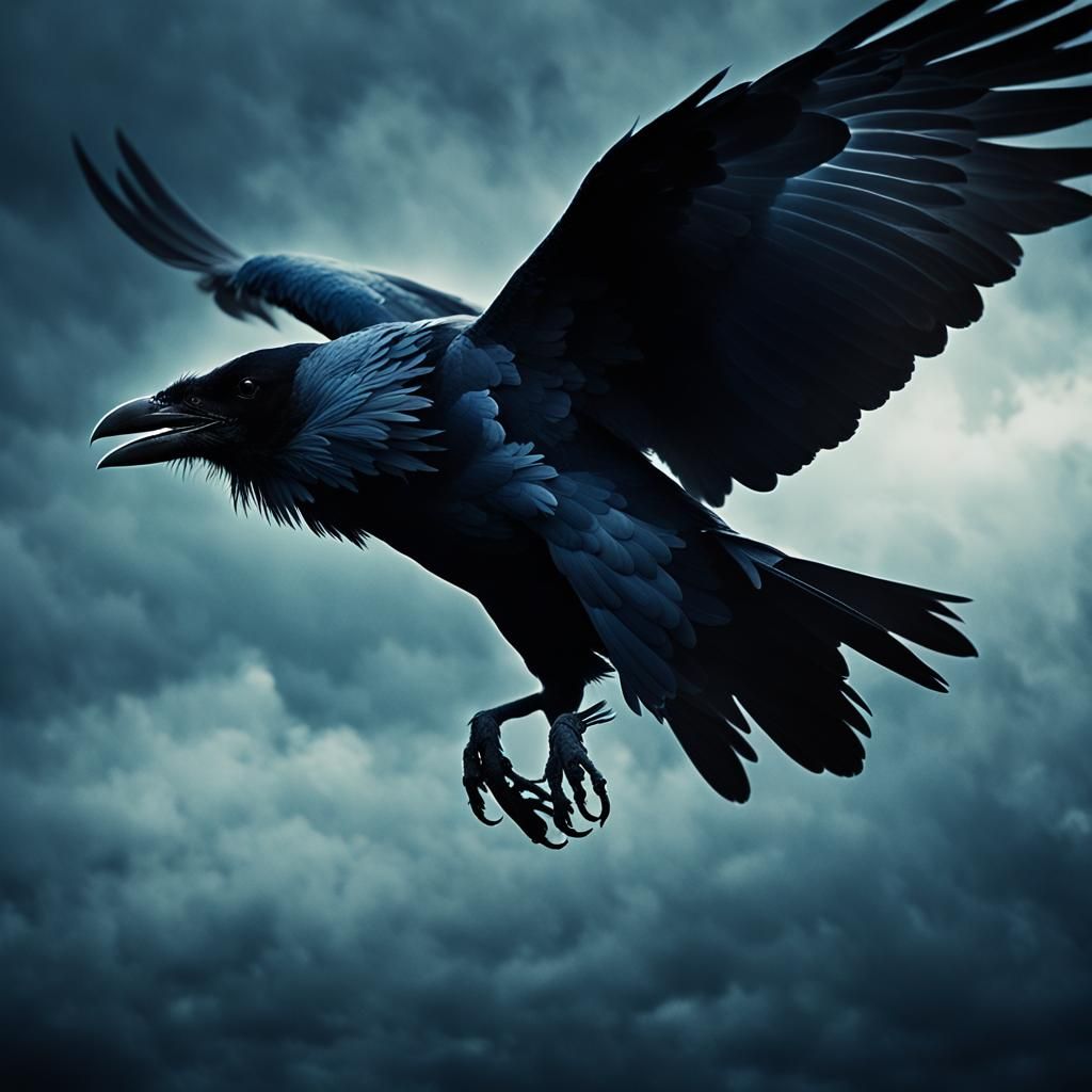Cinematic Raven in Flight Against Ominous Sky