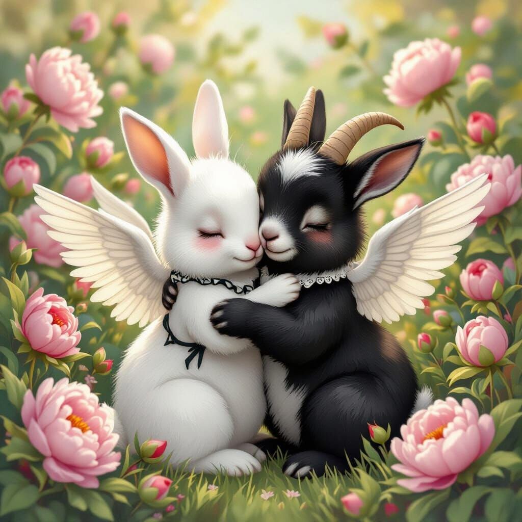 Winged Rabbit and Goat Babies Hugging in Garden