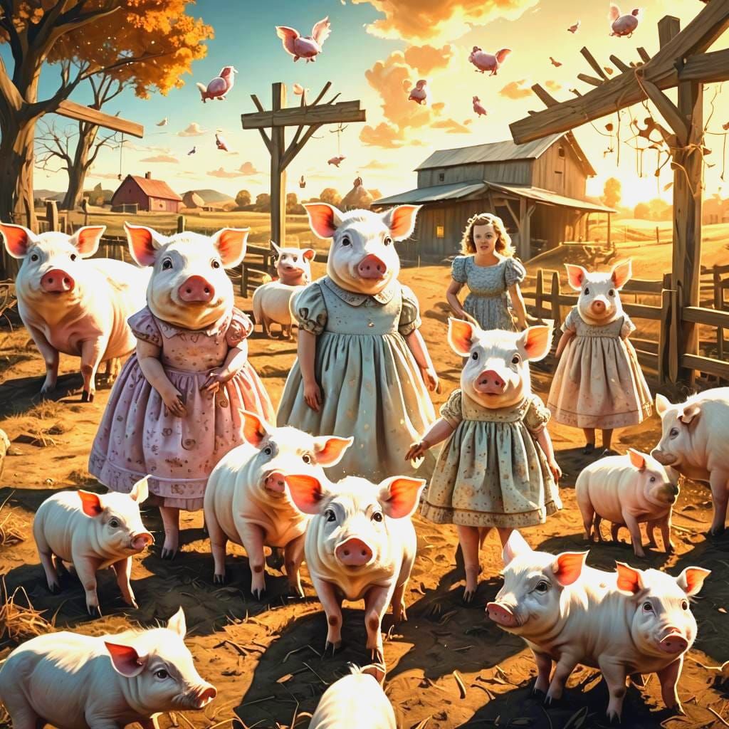 Surreal Ghost Pigs on a Farm in Hyperrealism