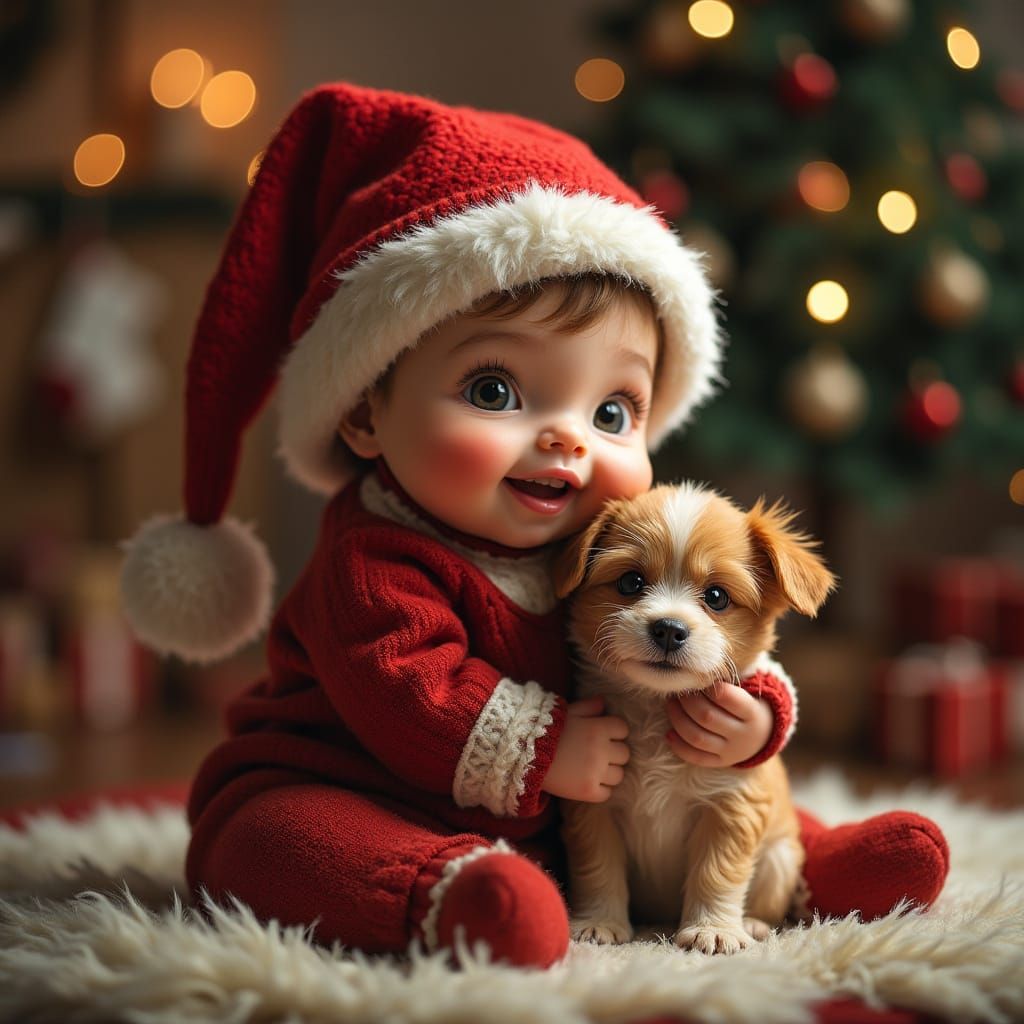 Adorable Baby and Puppy Christmas Scene