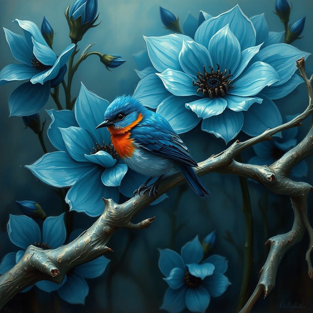 Whimsical Blue Bird on a Twisted Branch Amidst Dreamlike Blu...