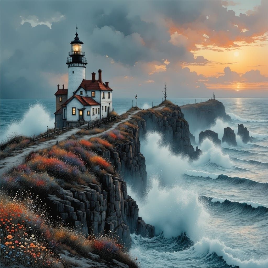Stormy Sunset Lighthouse on a Vibrant Flowering Cliff