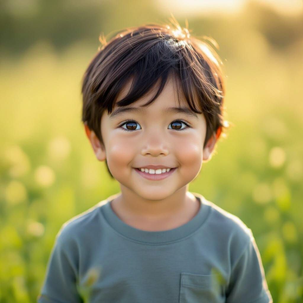 Boy with Black Hair Smiling in Sunny Meadow