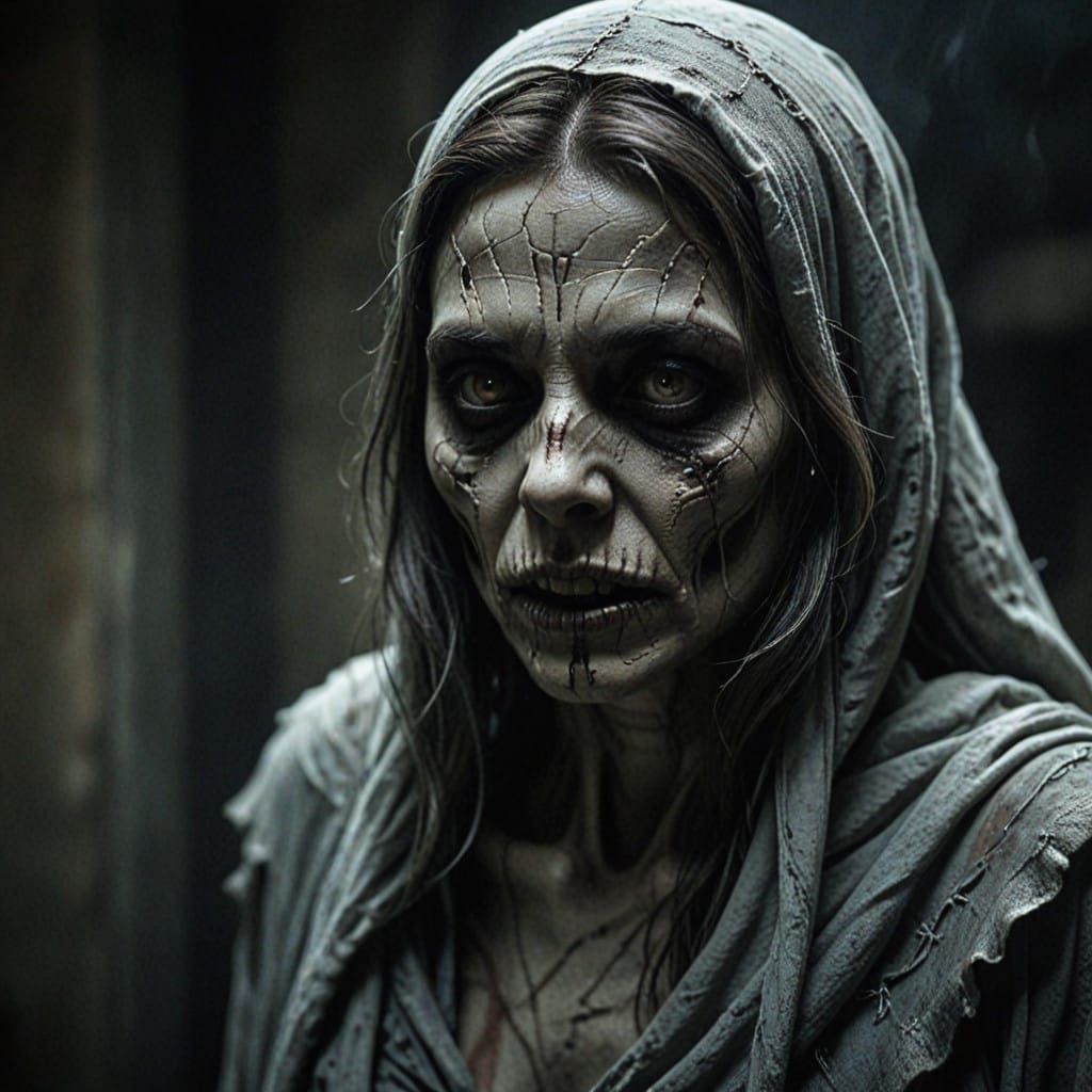 Woman Ghoul Haunts Dark Crypt in Hyperrealistic Detail