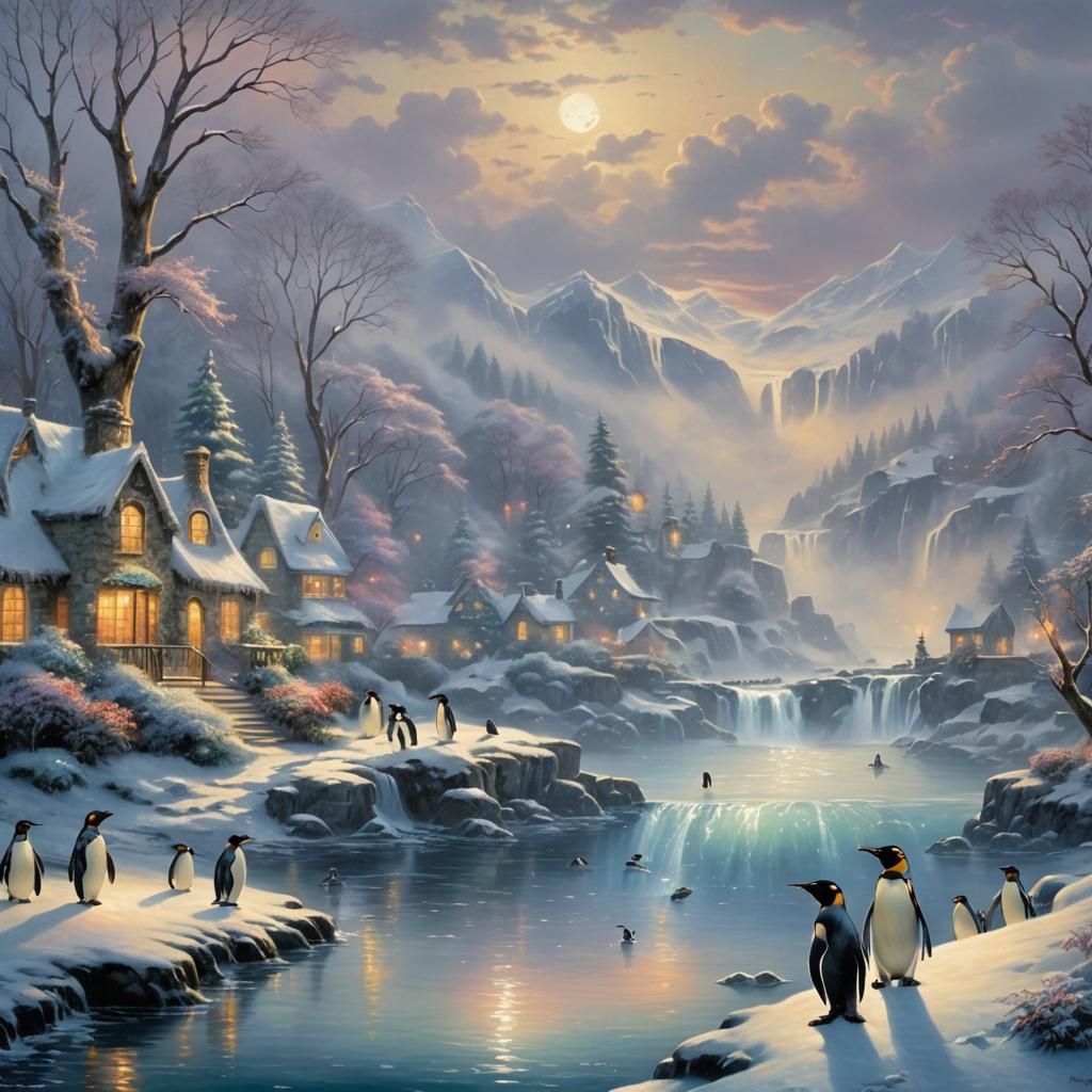 Penguins in Winter: Ethereal Fantasy Scene