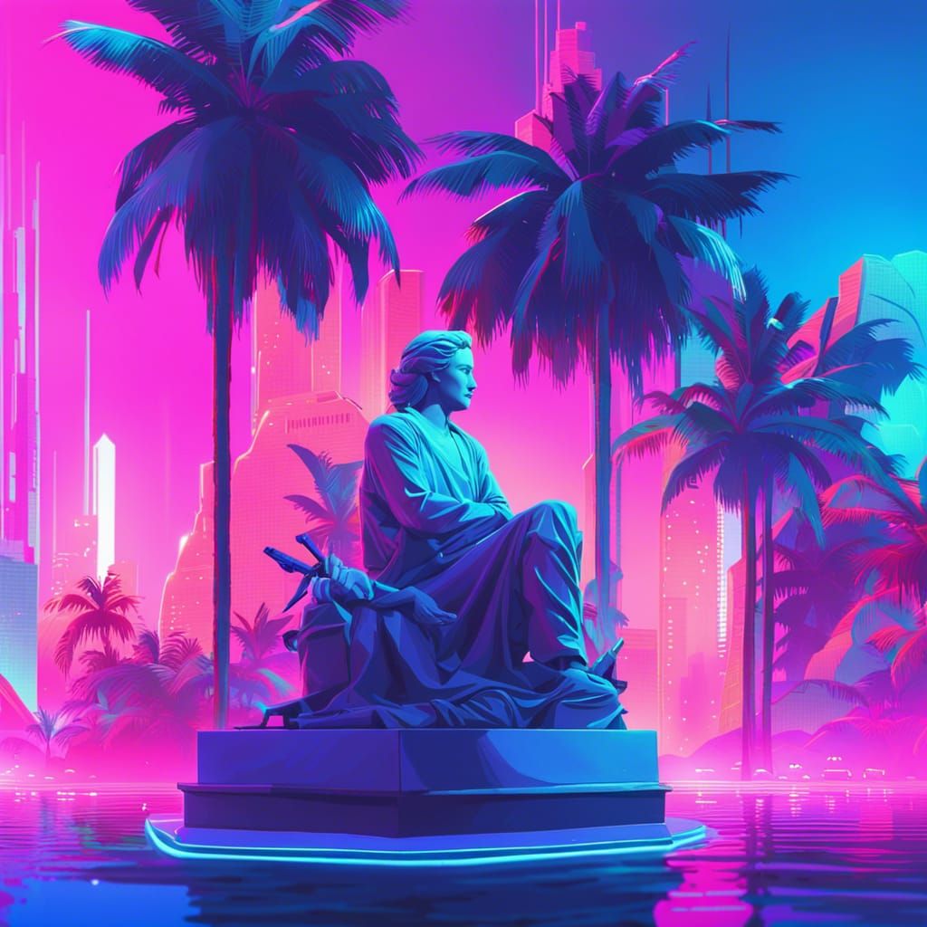 Vaporwave Masquerade Ball in Dreamy Neon Landscape