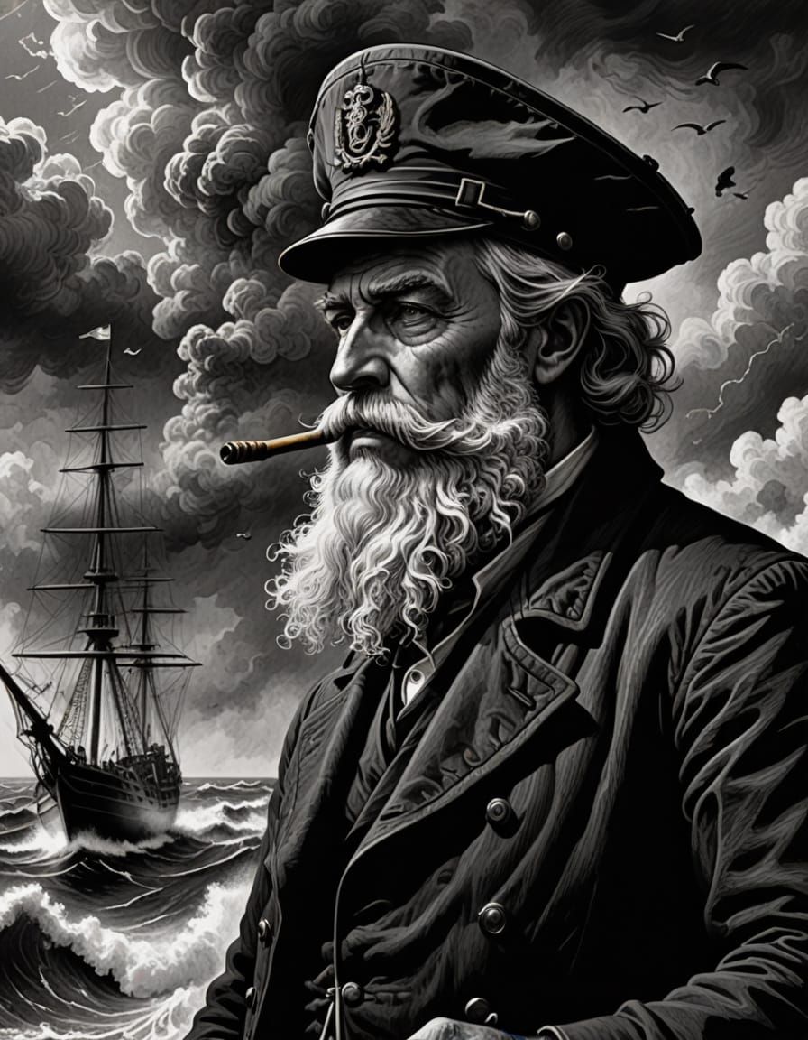 Grizzled Sailor Smoking Pipe on Tall Ship in Storm