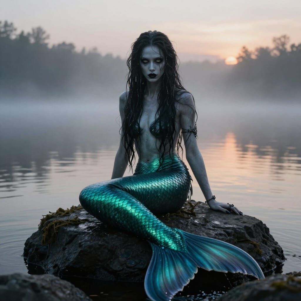 Ethereal Siren on Misty Lake Dawn Portrait