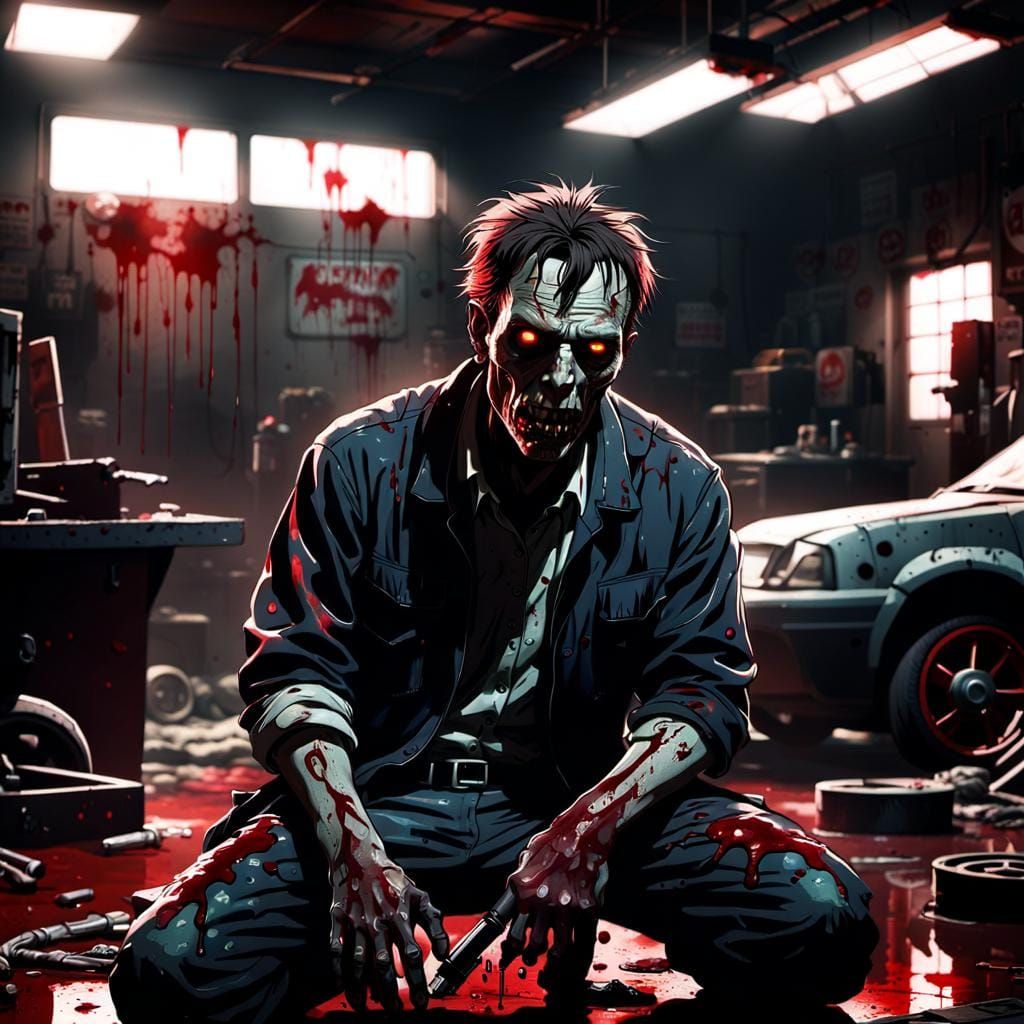 Zombie in Auto Repair Shop with Bloody Clothes