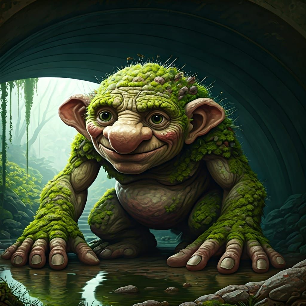Moss-Covered Troll Hiding Under a Bridge
