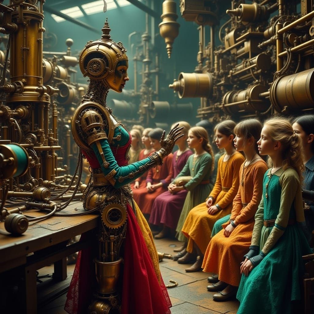 Steampunk Automaton Teacher Explains Factory Machinery to Vi...