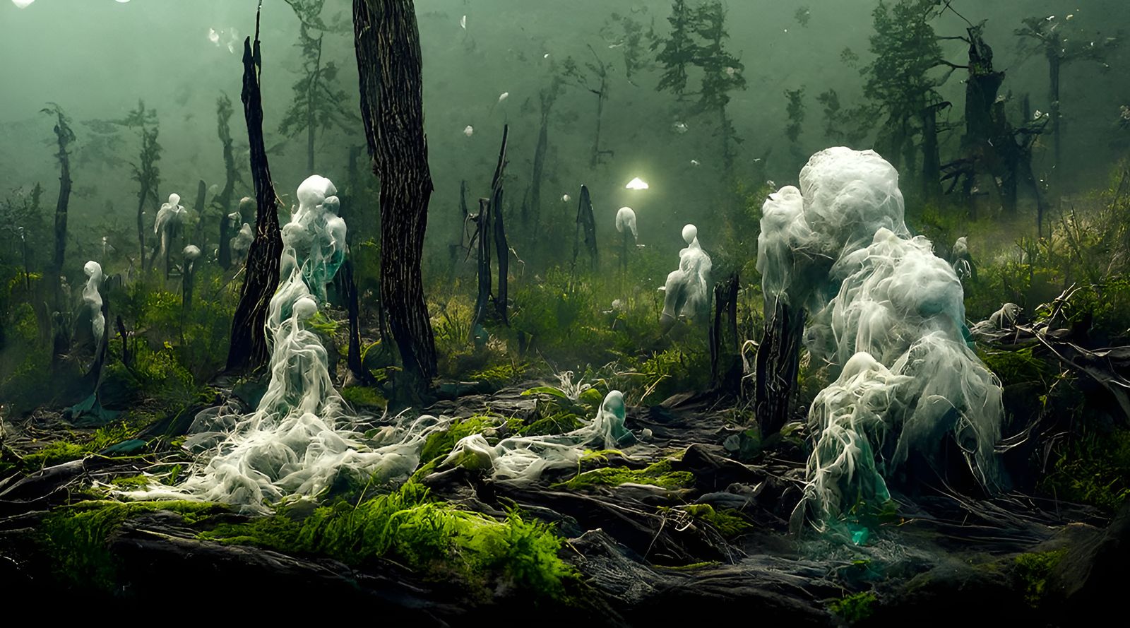 Ominous Ghostly Spirits Haunt Burnt Forest in Horror Style