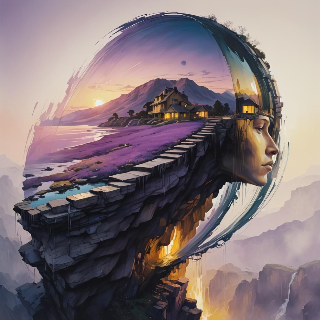 Cliffside House Concept Art with Waterfall