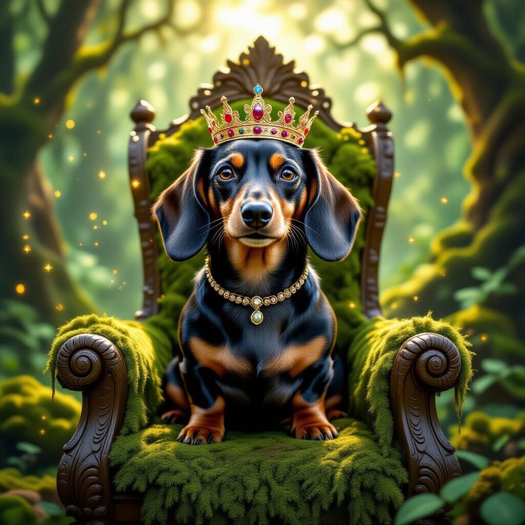 Regal Dachshund in Enchanted Forest with Golden Crown