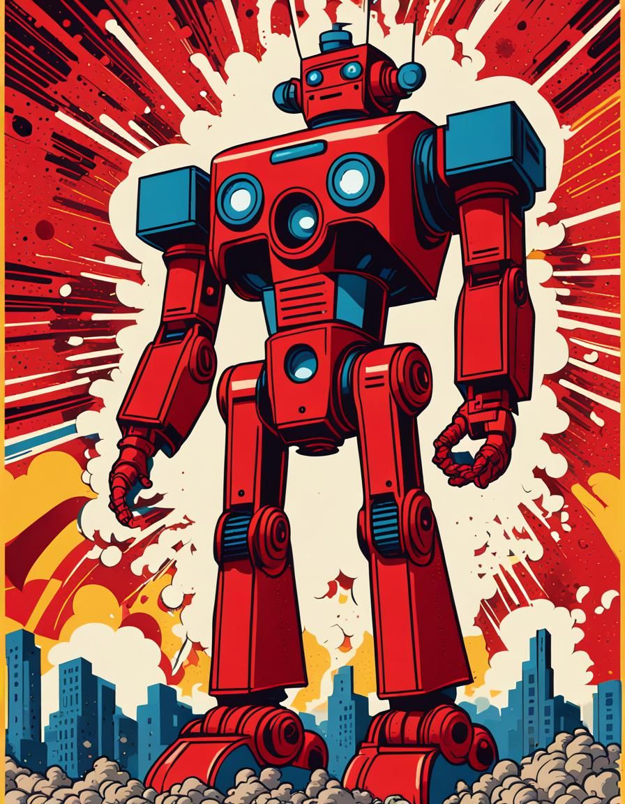 Giant Red Robot in Pop Art Style Explosions