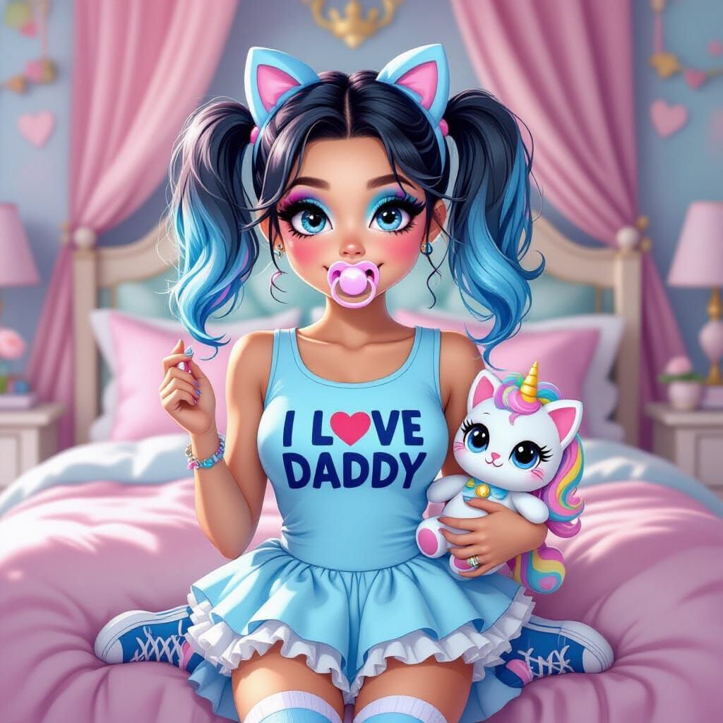 Girl with Blue Pigtails in Princess Bedroom