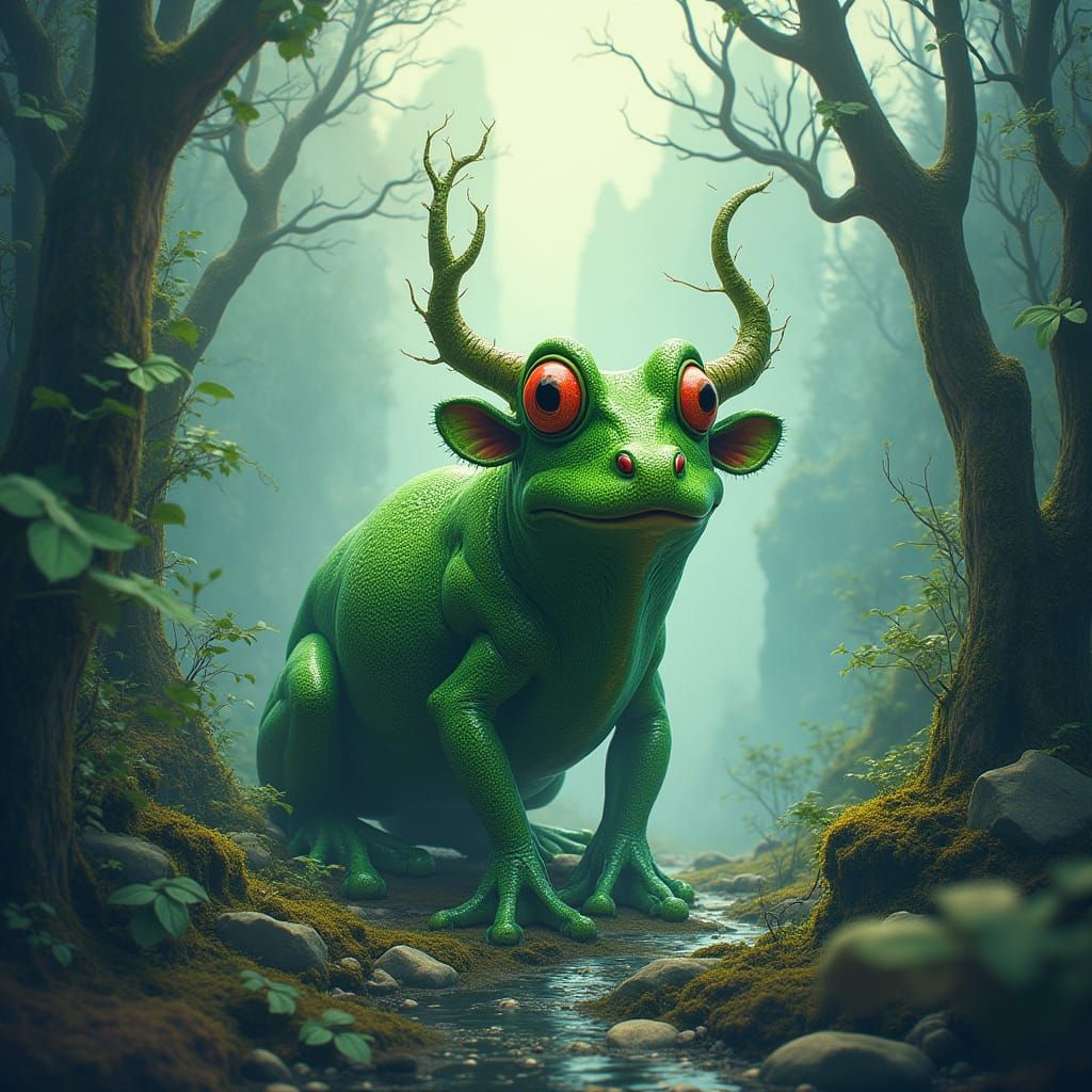 Dreamlike Cow-Frog Hybrid in Vibrant Forest