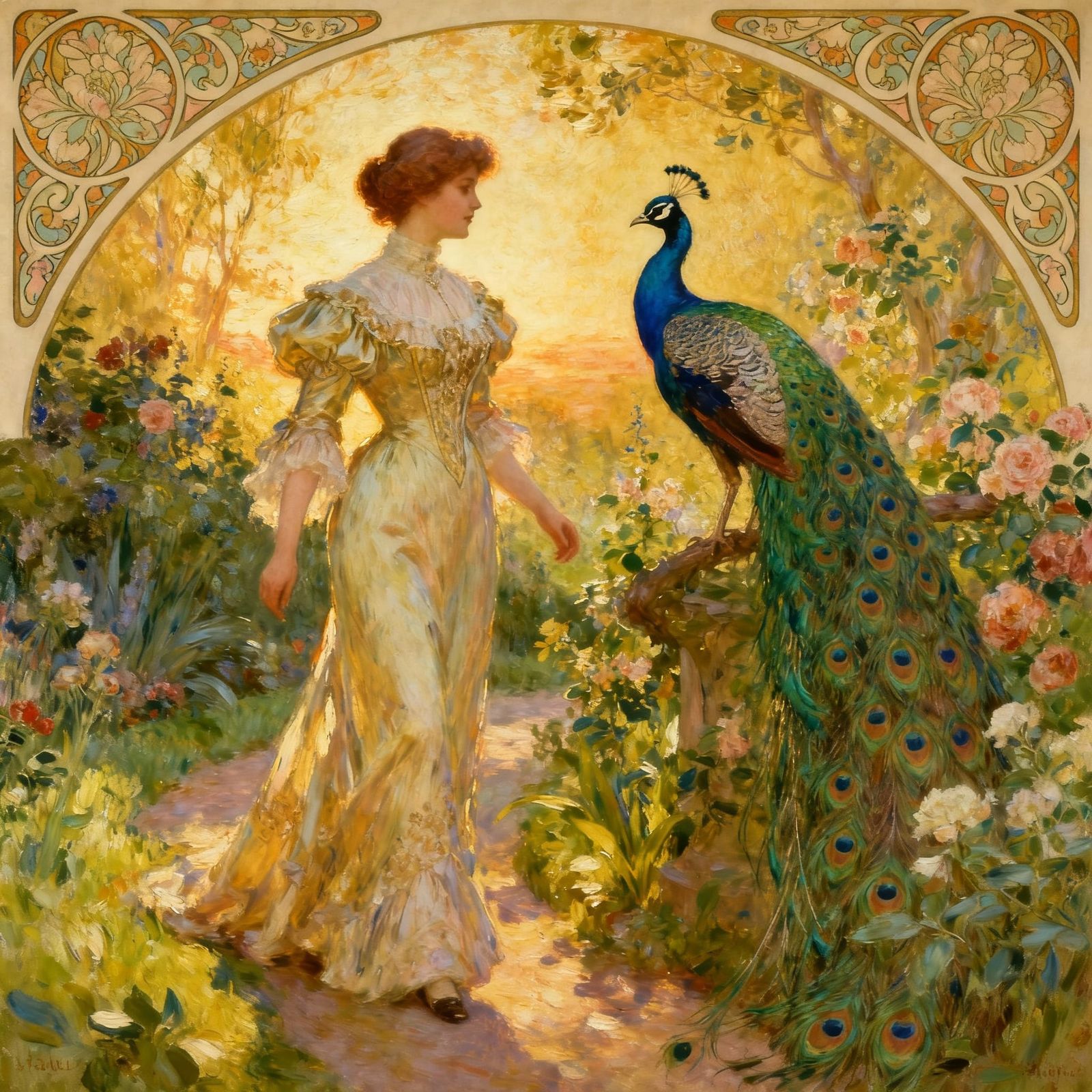 Art Nouveau Lady Admires Peacock in Lush Garden