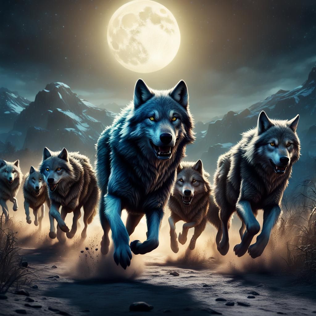 Wolf Pack Running on Moonlit Field
