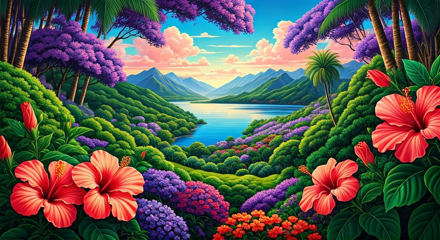 Vibrant Hawaiian Tropical Flowers in Neon Light