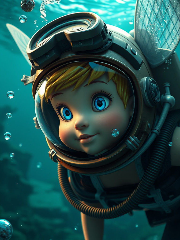 Tinkerbell in Diving Gear: Detailed Digital Illustration
