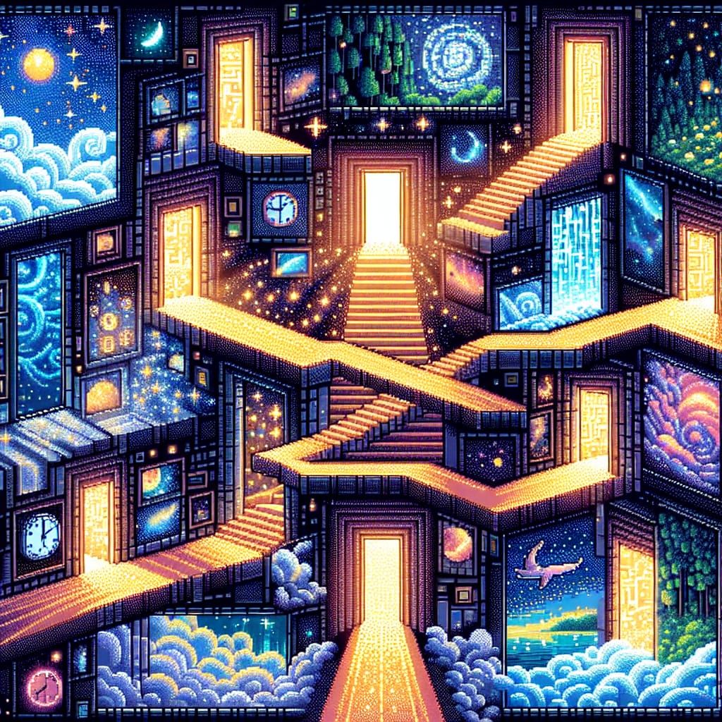 Intricate Pixelated Dream Maze in Surreal Pixel Art