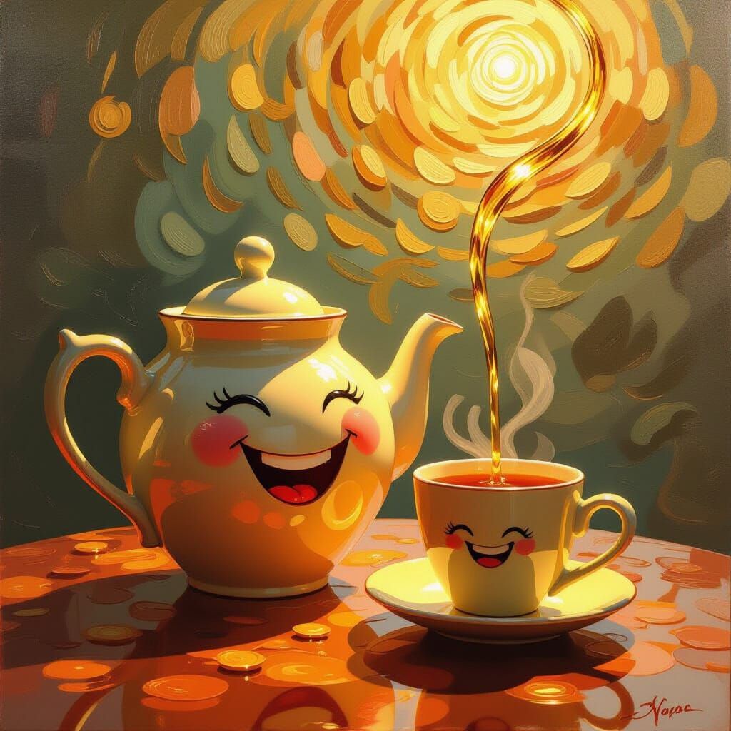 Joyful Smiling Teapot Emitting Golden Light in Neo-Impressio...