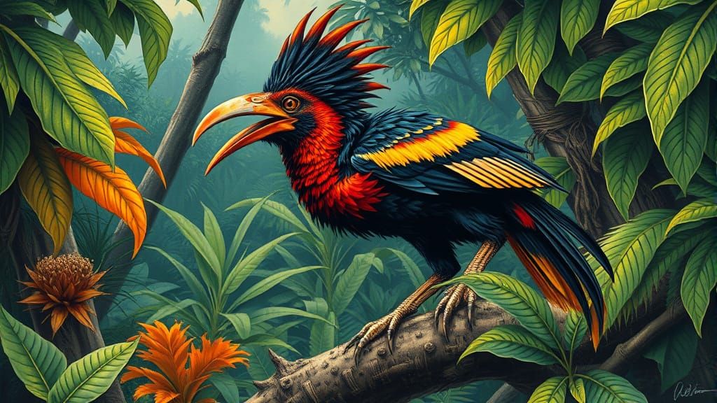 Hoatzin in Lush Rainforest, Pulp Illustration