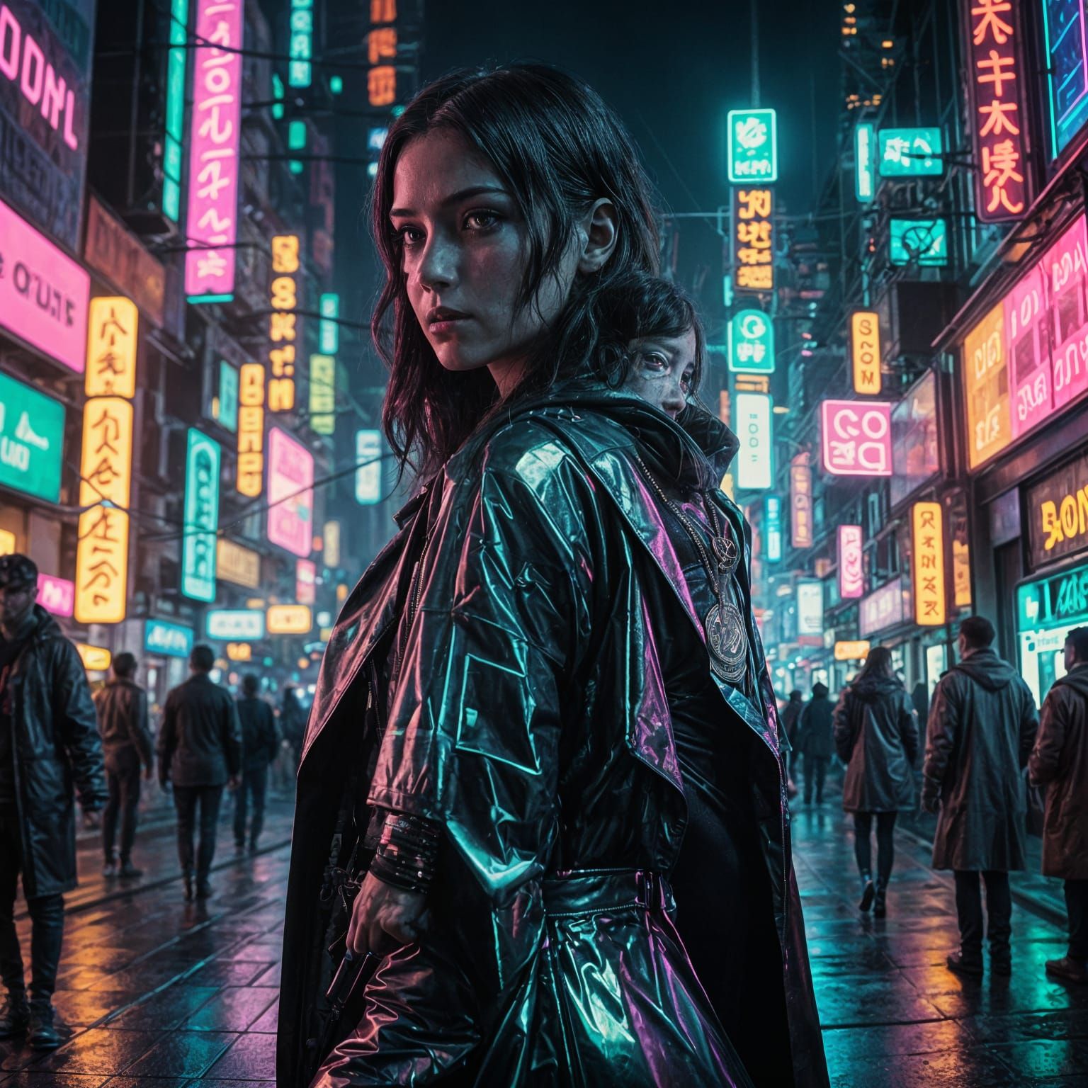 Cyberpunk Goddess in Neon Metropolis: Cinematic Film Still