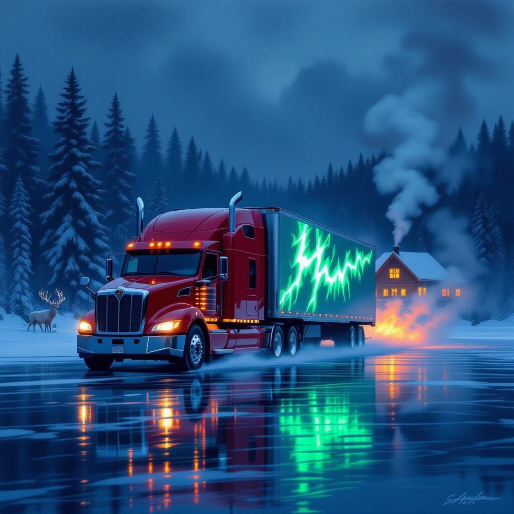 Red Semi Races Across Frozen Lake