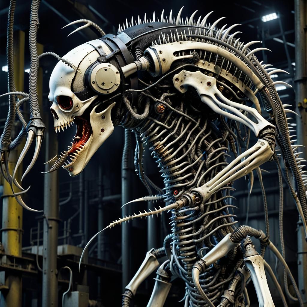 Chimeric Undead Biomechanical Horror in Derelict Factory