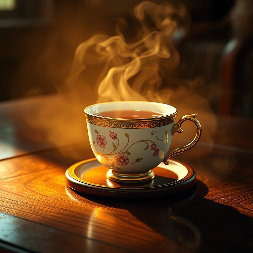 Steaming Tea Cup in Cinematic 3D Cartoon Style