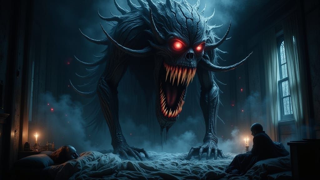 Glowing Red Eyes of a Migraine Monster in a Dark, Dimly Lit ...