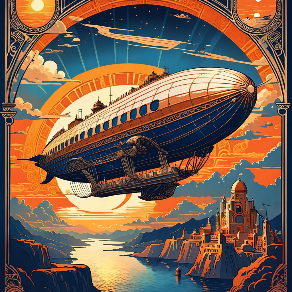 Airship Over Ancient City: Art Deco Travel Poster