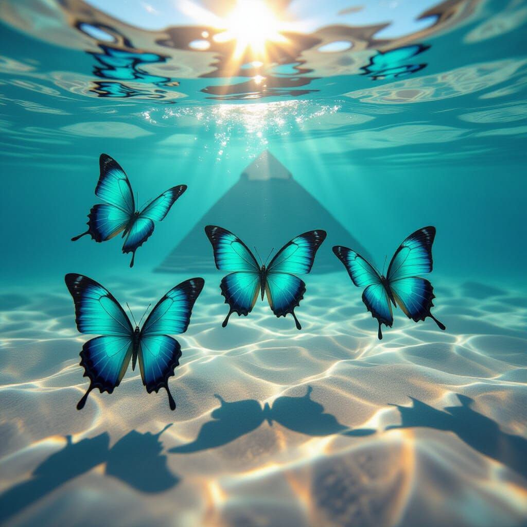 Underwater Butterflies and Egyptian Pyramid in Ethereal Ligh...