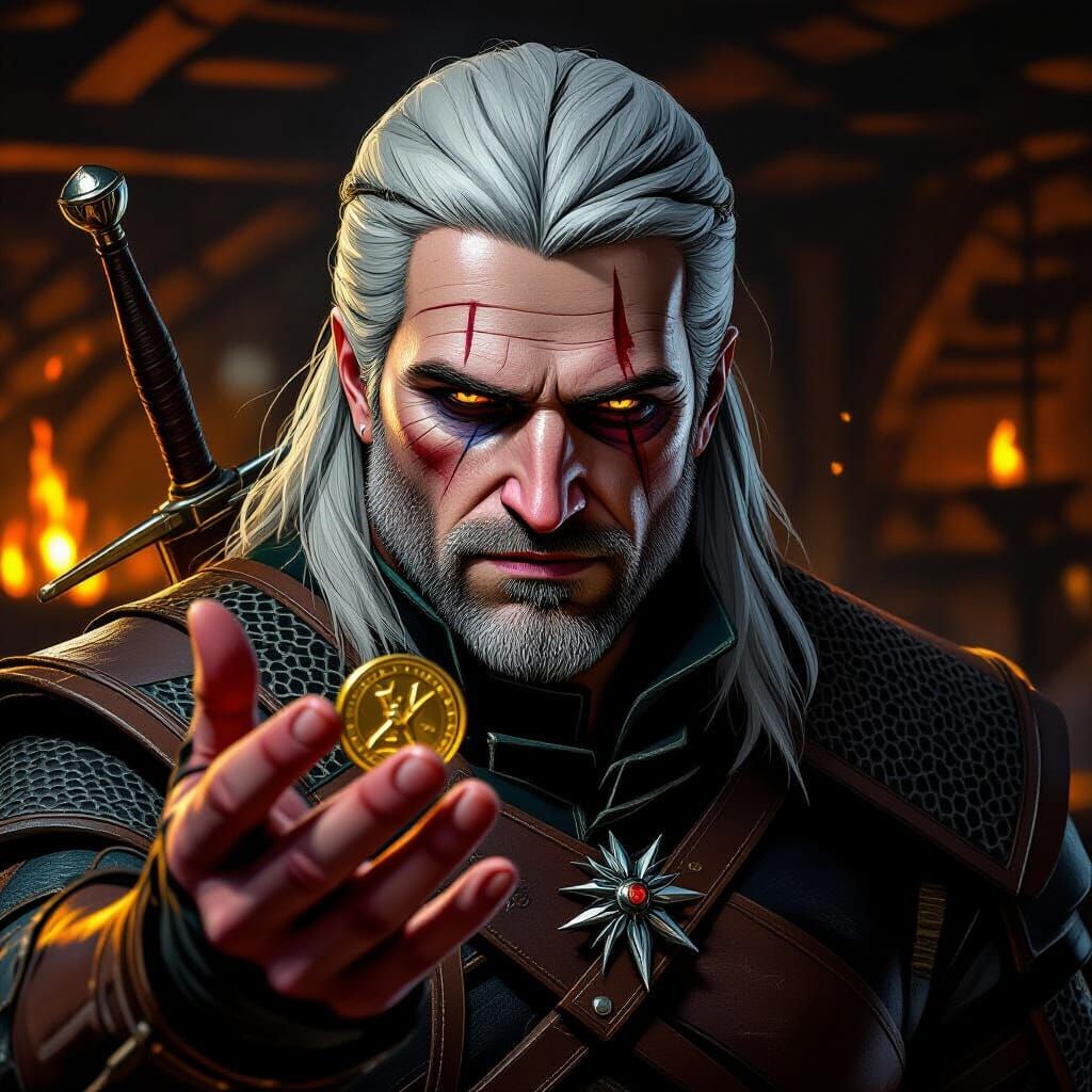 Geralt Flips a Coin in a Dim Tavern