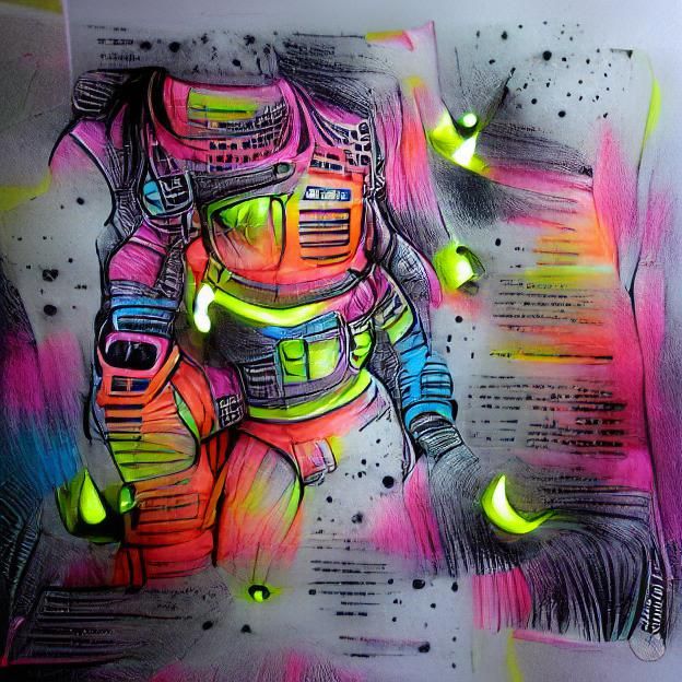 Neon Highlights on Dark Space Ink Drawing