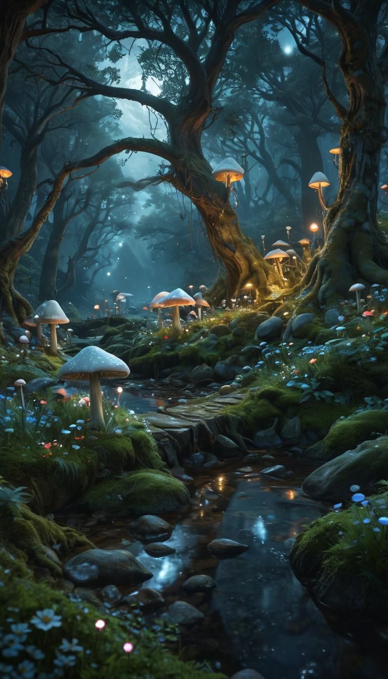 Enchanted Forest Landscape with Giant Mushrooms