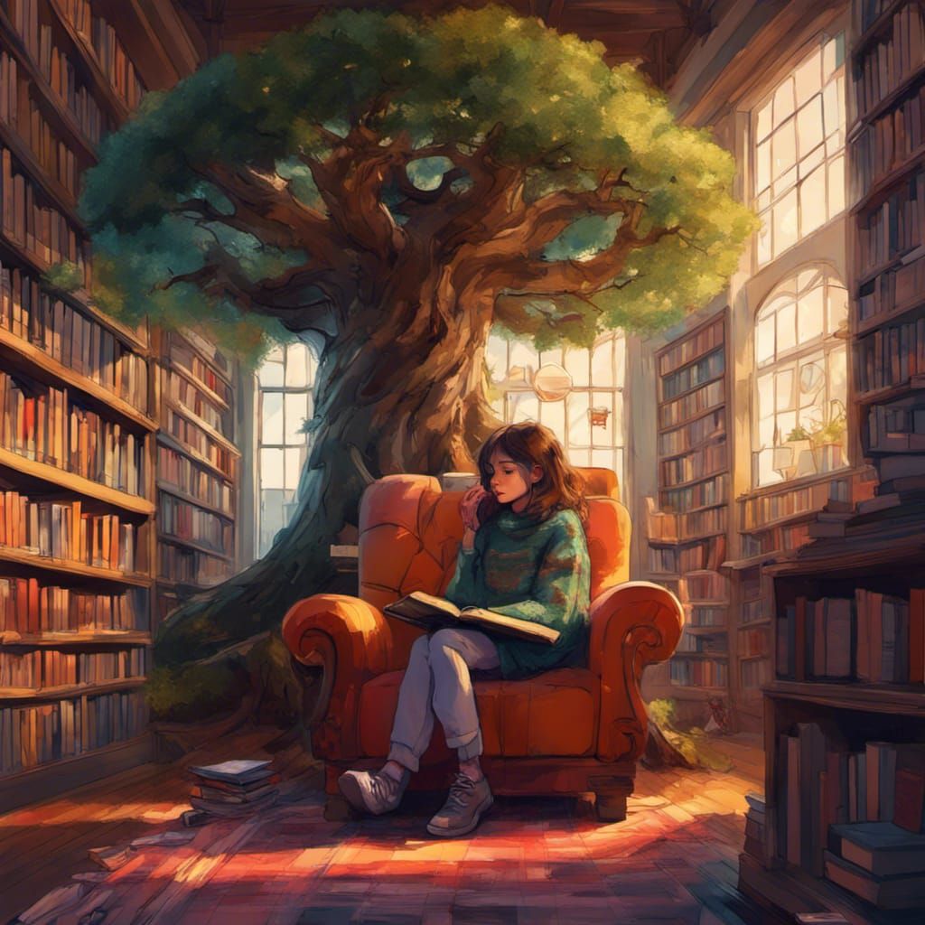 Girl in Library with Tree, Digital Art