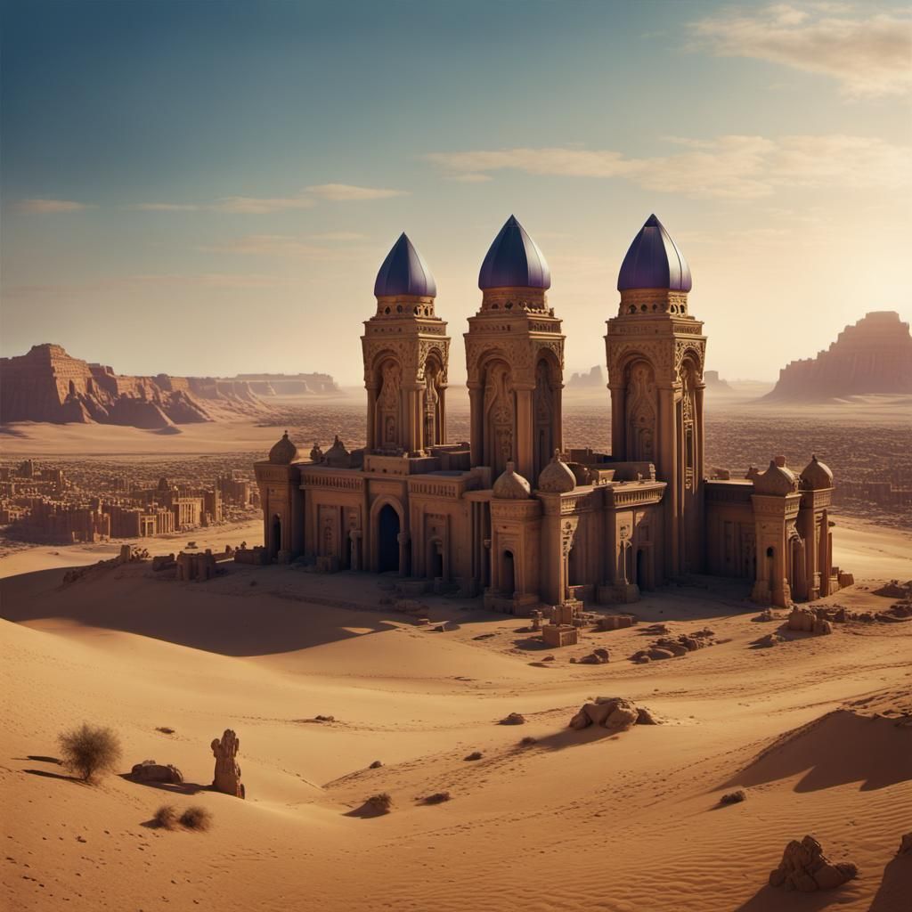 Steampunk Neo-Gothic Egyptian Necropolis in Golden Light