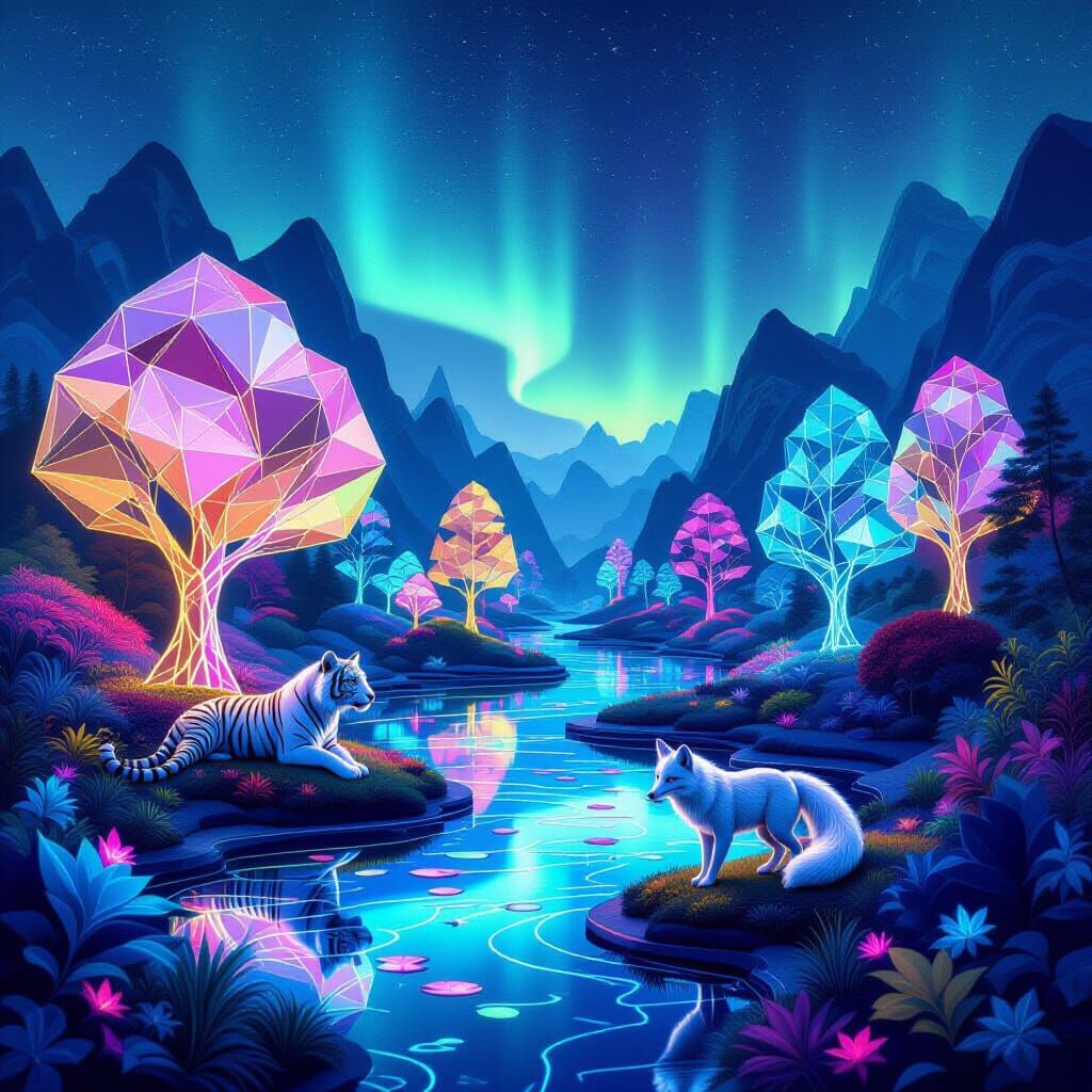 Abstract Fractal Garden with Mythical Creatures