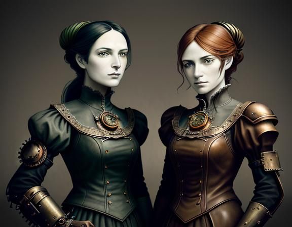 Steampunk Twins in Time Machine: Dark Fantasy Art
