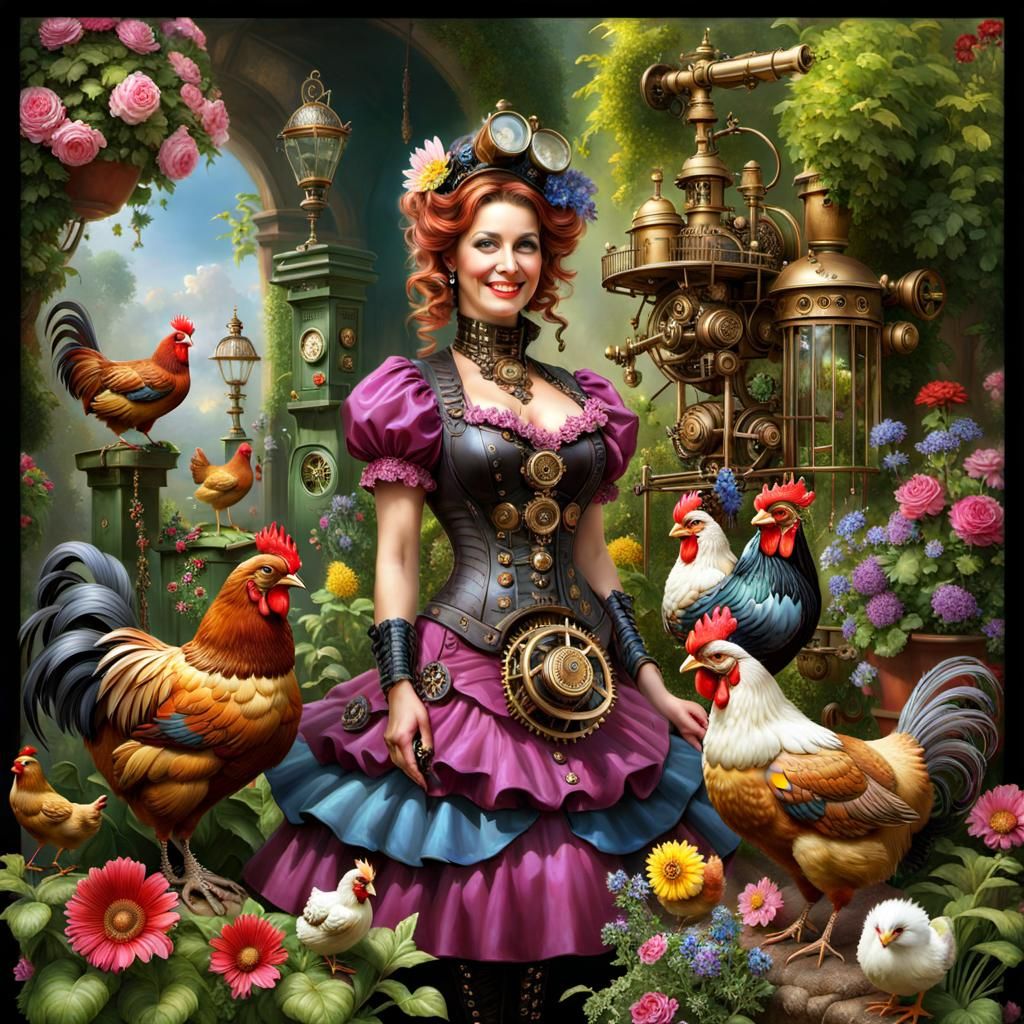 Steampunk Lady with Chickens in Garden, Pino Daeni Style