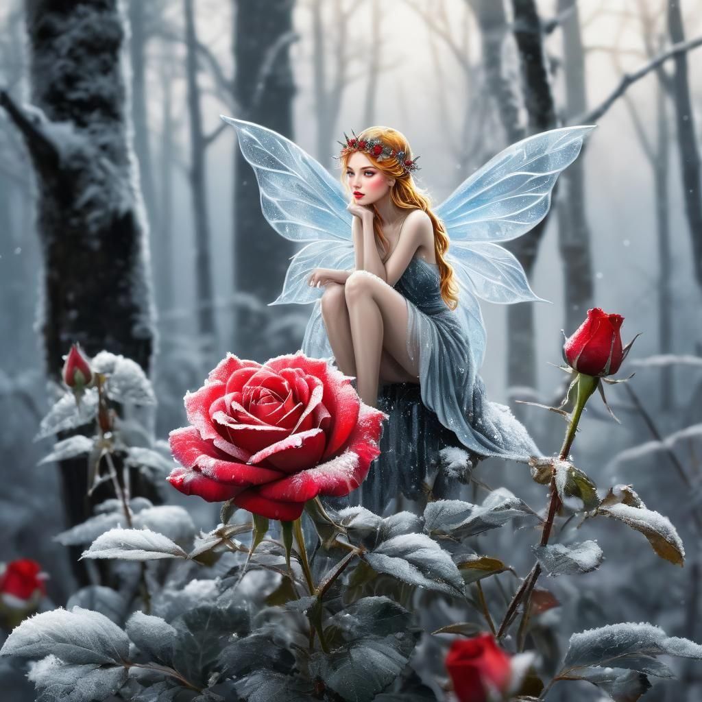 Fairy on Frosty Rose: A Watercolor Painting