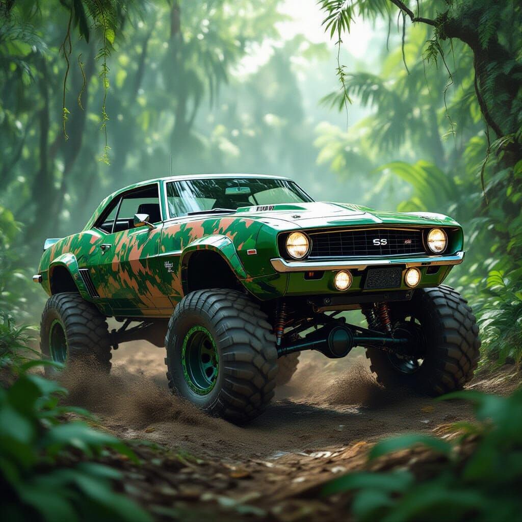 Camaro Rips Through Jungle in Hyperrealistic Style